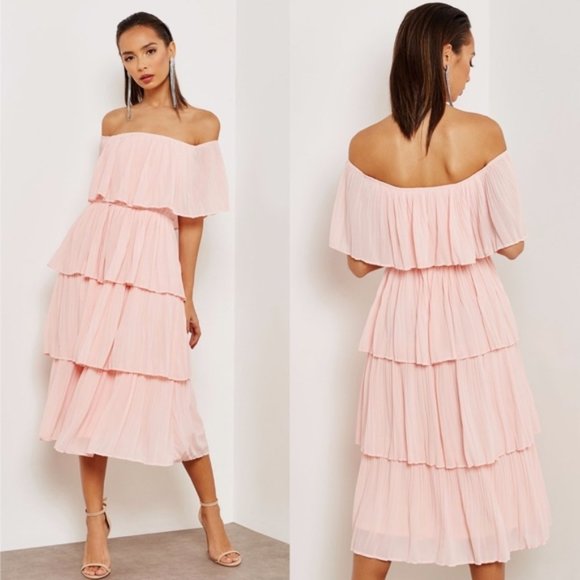 Just Me - Bardot Layered Ruffle Midi Dress - Pink - Picture 1 of 5